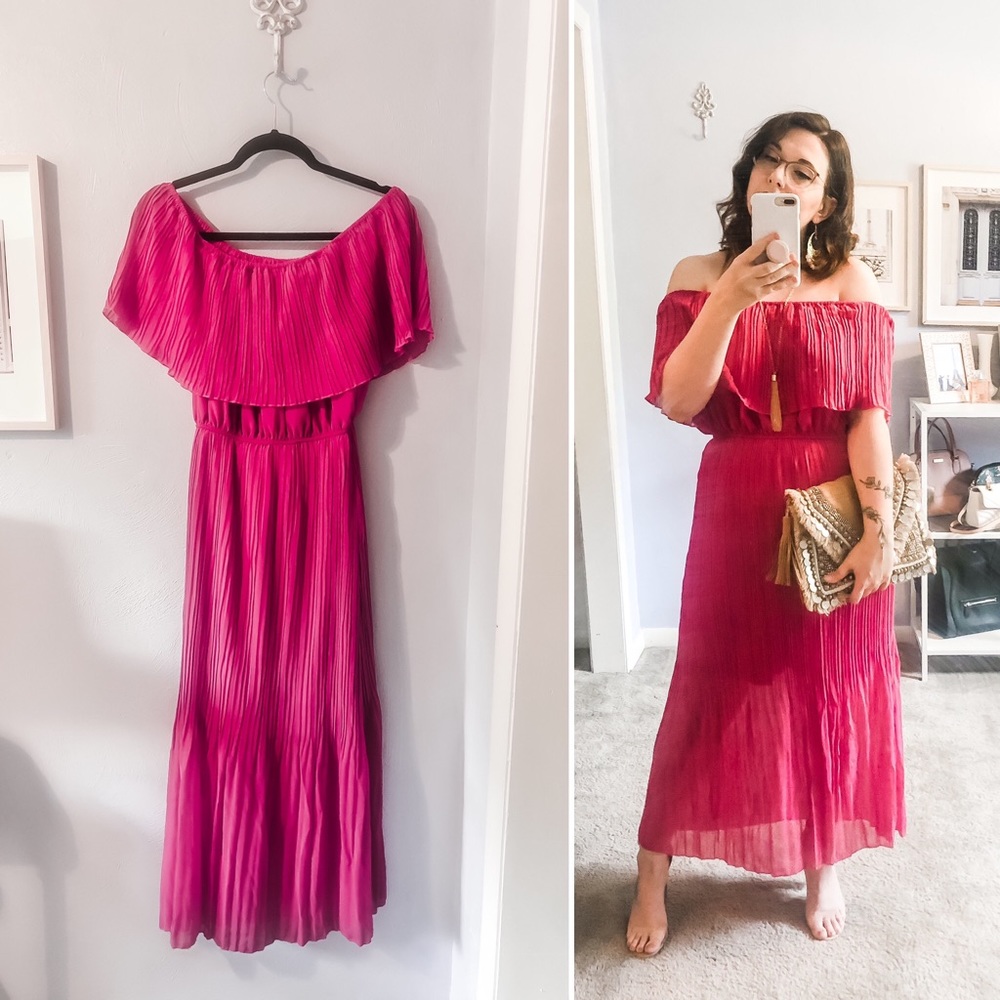Fuchsia Purple Pleated Chiffon offshoulder maxi